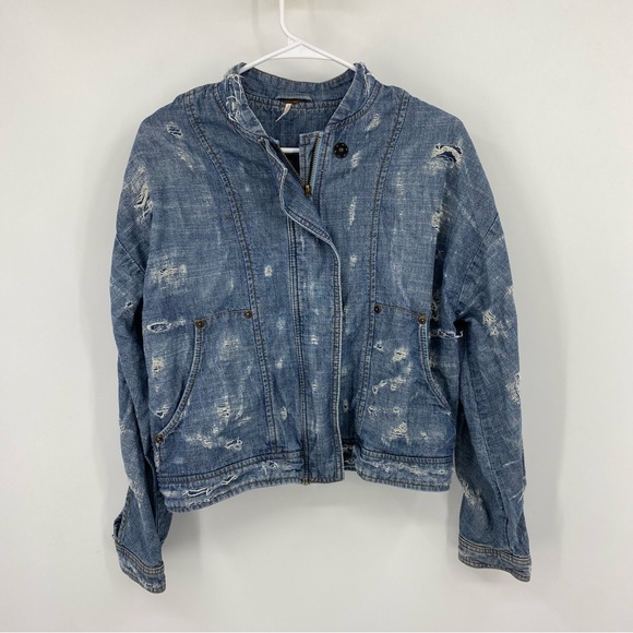 Free People Distressed Denim Bomber Tennis Jacket Small - Picture 2 of 12
